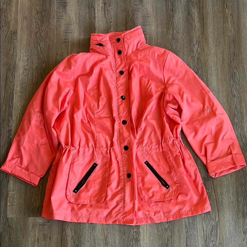 Plus size Coral Button-Up Jacket with Black Accents